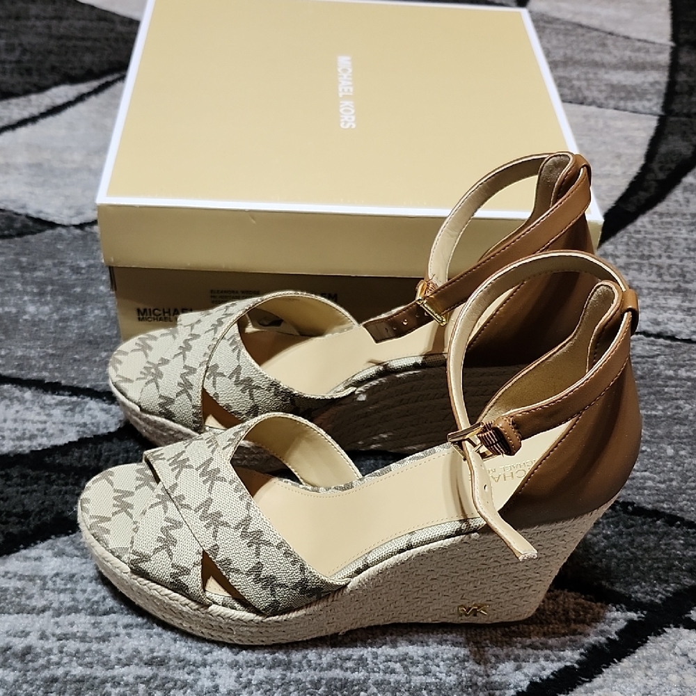 MICHAEL KORS ELEANORA MK HERITAGE CANVAS WEDGE SANDAL